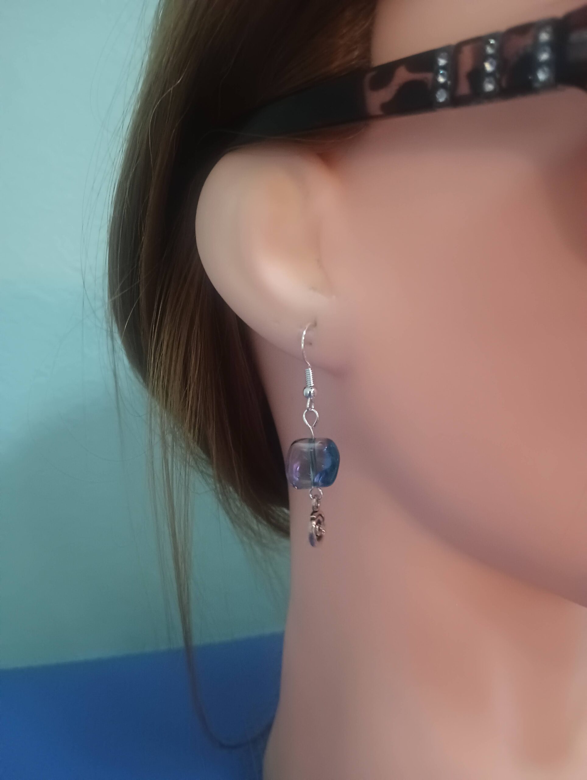 Iridescent Blue Glass Bead with Silver Spiral Accent Dangle Earrings - Image 2