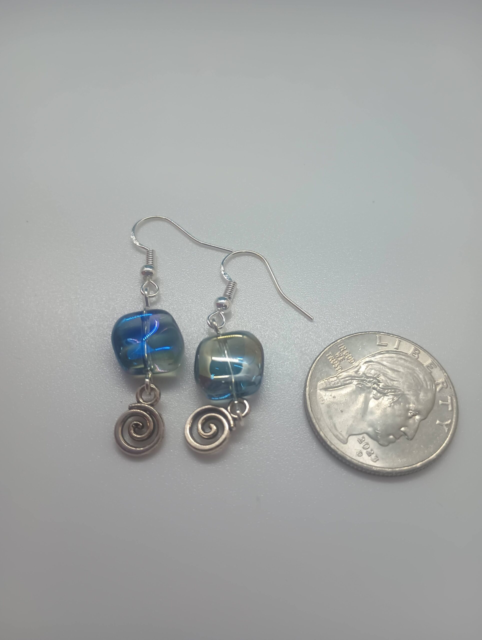 Iridescent Blue Glass Bead with Silver Spiral Accent Dangle Earrings - Image 3