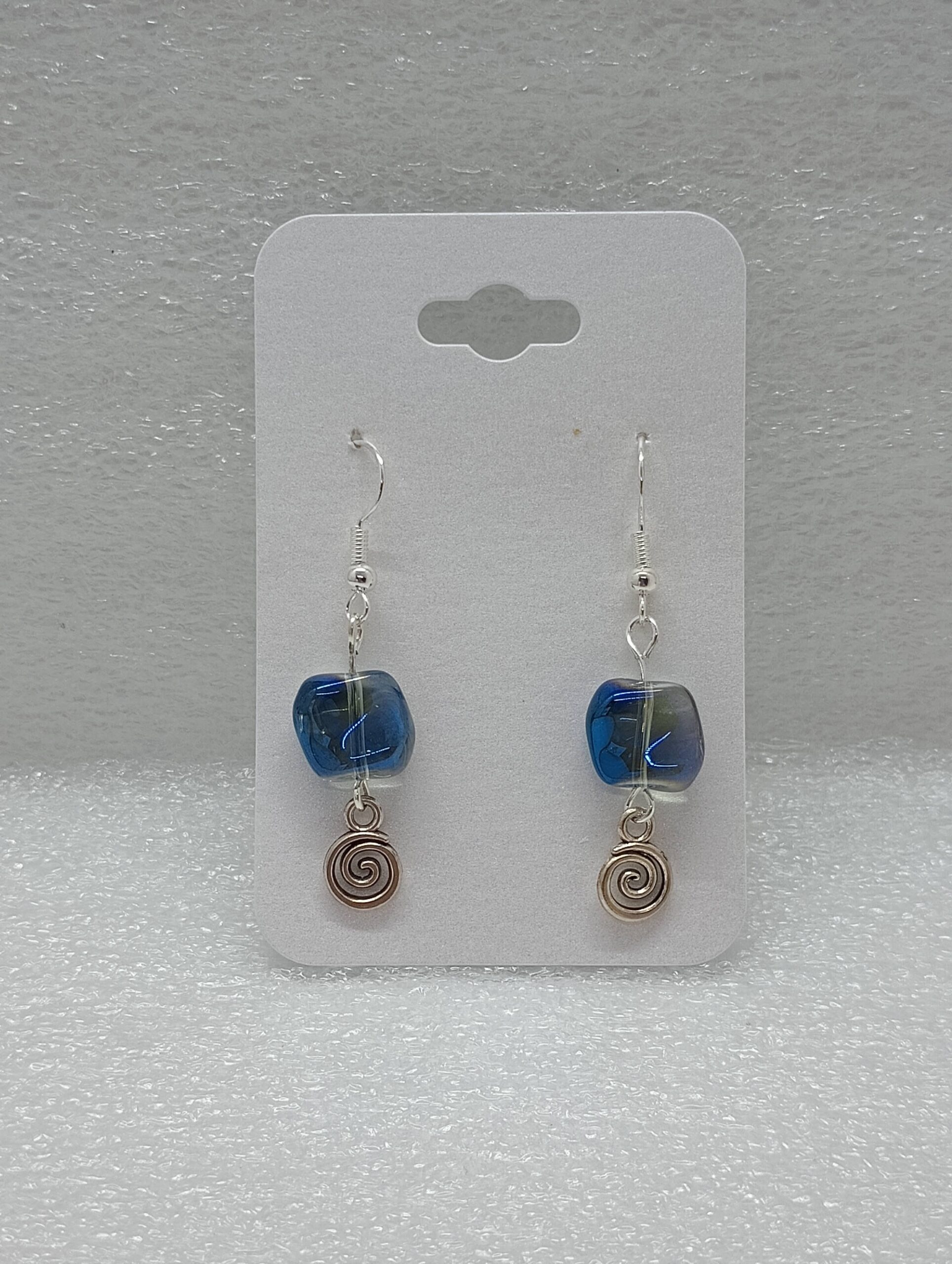 Iridescent Blue Glass Bead with Silver Spiral Accent Dangle Earrings - Image 4