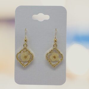 White Dried Flower in Resin with Gold Trim Earrings