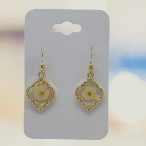 White Dried Flower in Resin with Gold Trim Earrings