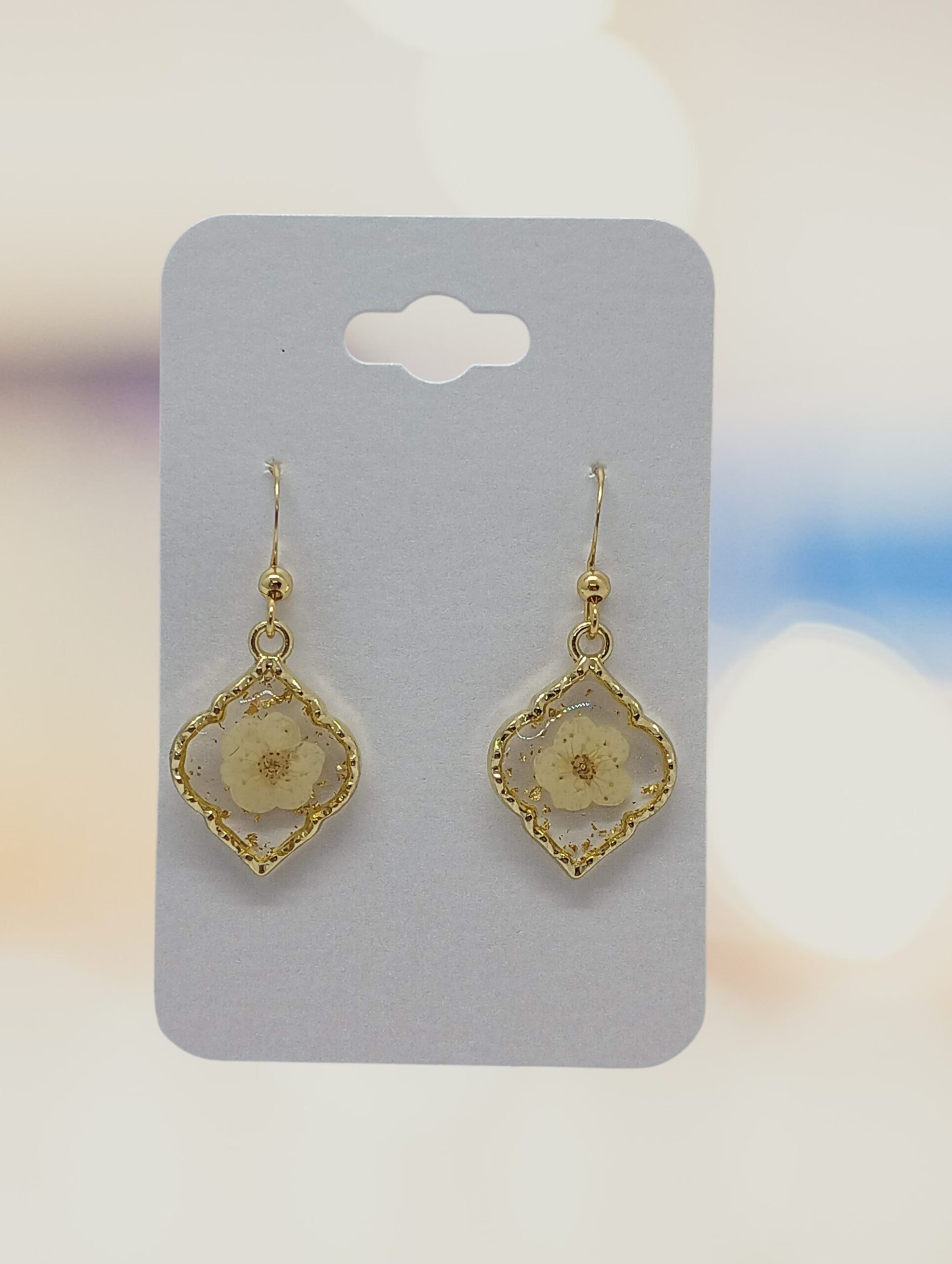 White Dried Flower in Resin with Gold Trim Earrings