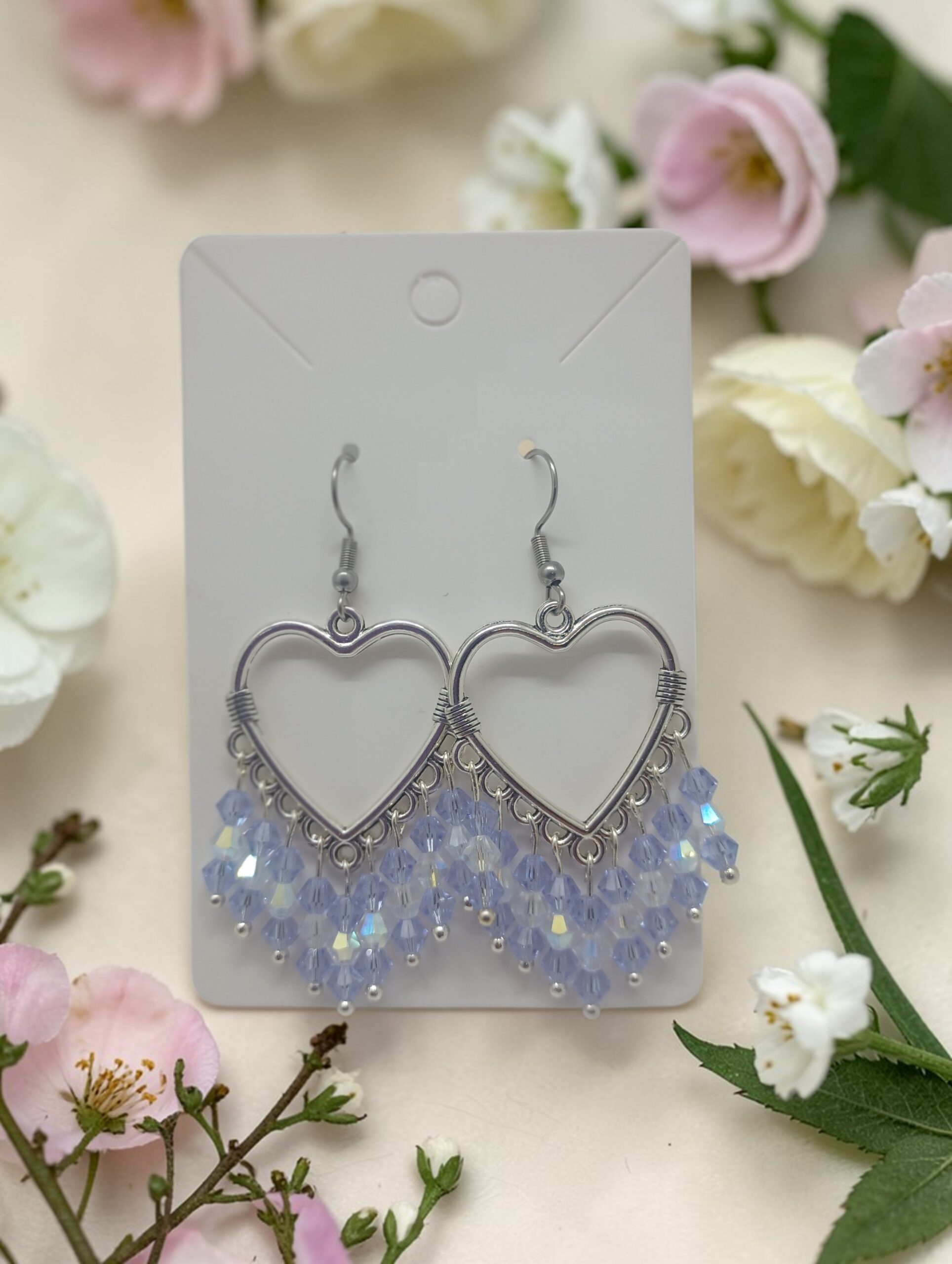 Sparkling Lavender Crystal Fringe Romantic Heart Dangle Earrings