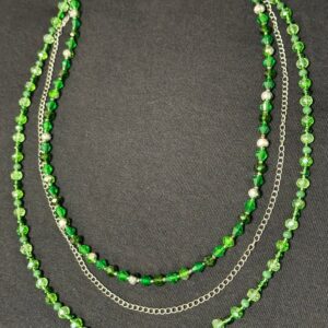 Handmade 3-Strand Layered Necklace | Silver & Green | Stainless Steel Chain