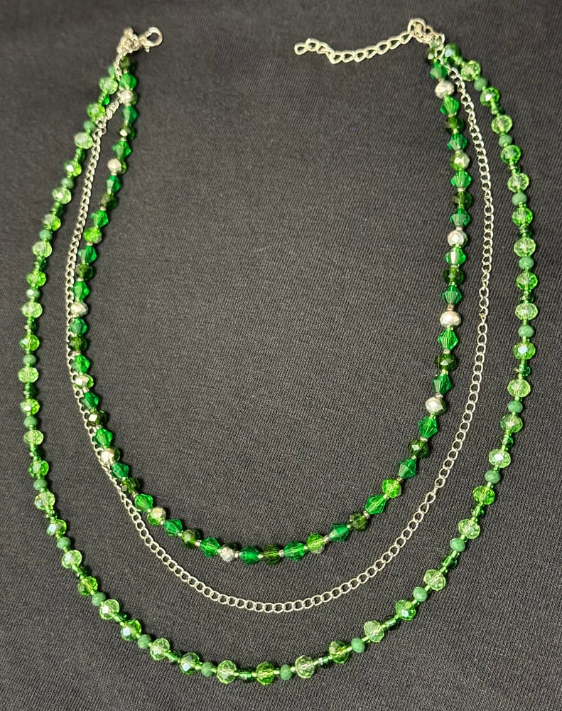 Handmade 3-Strand Layered Necklace | Silver & Green | Stainless Steel Chain