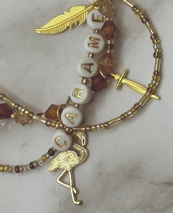 Caramel | Triple-Strand Bracelet | Gold Flamingo Charm