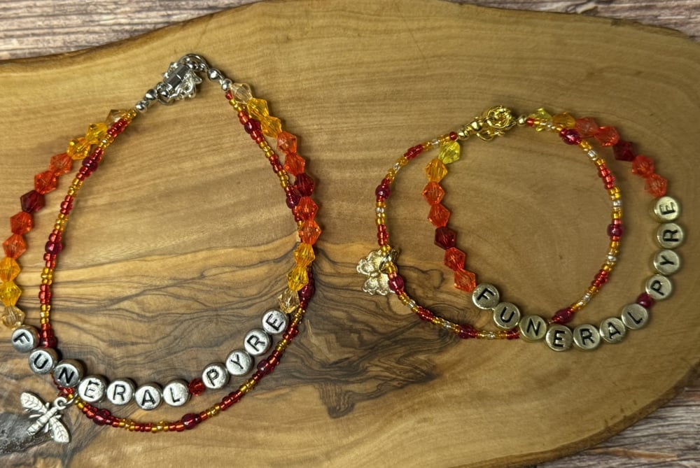 Funeral Pyre Bracelet | Orange-Red Beads with Insect Charm | Silver or Gold Finish