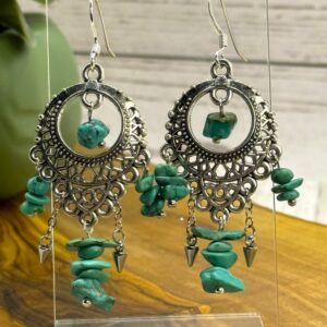 Natural Turquoise Chip Chandelier Earrings | Boho Dangle | Clip‑On Option