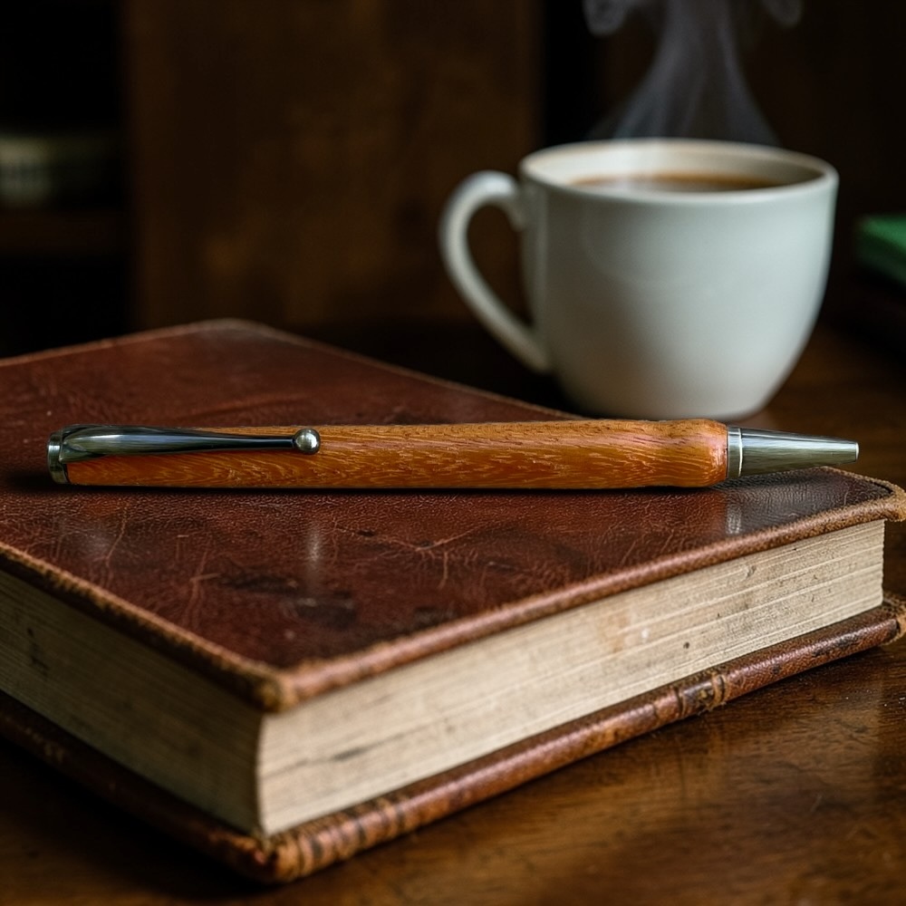 Handcrafted slimline pen made from vibrant Yellowheart wood with antique brass accents and smooth black ink—perfect for everyday writing or a unique gift.