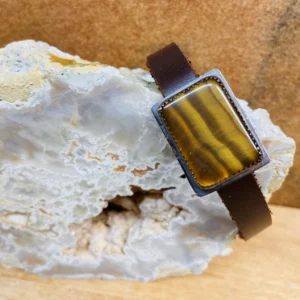 Tiger Eye Stone Bracelet with Leather Strap and Magnetic Clasp