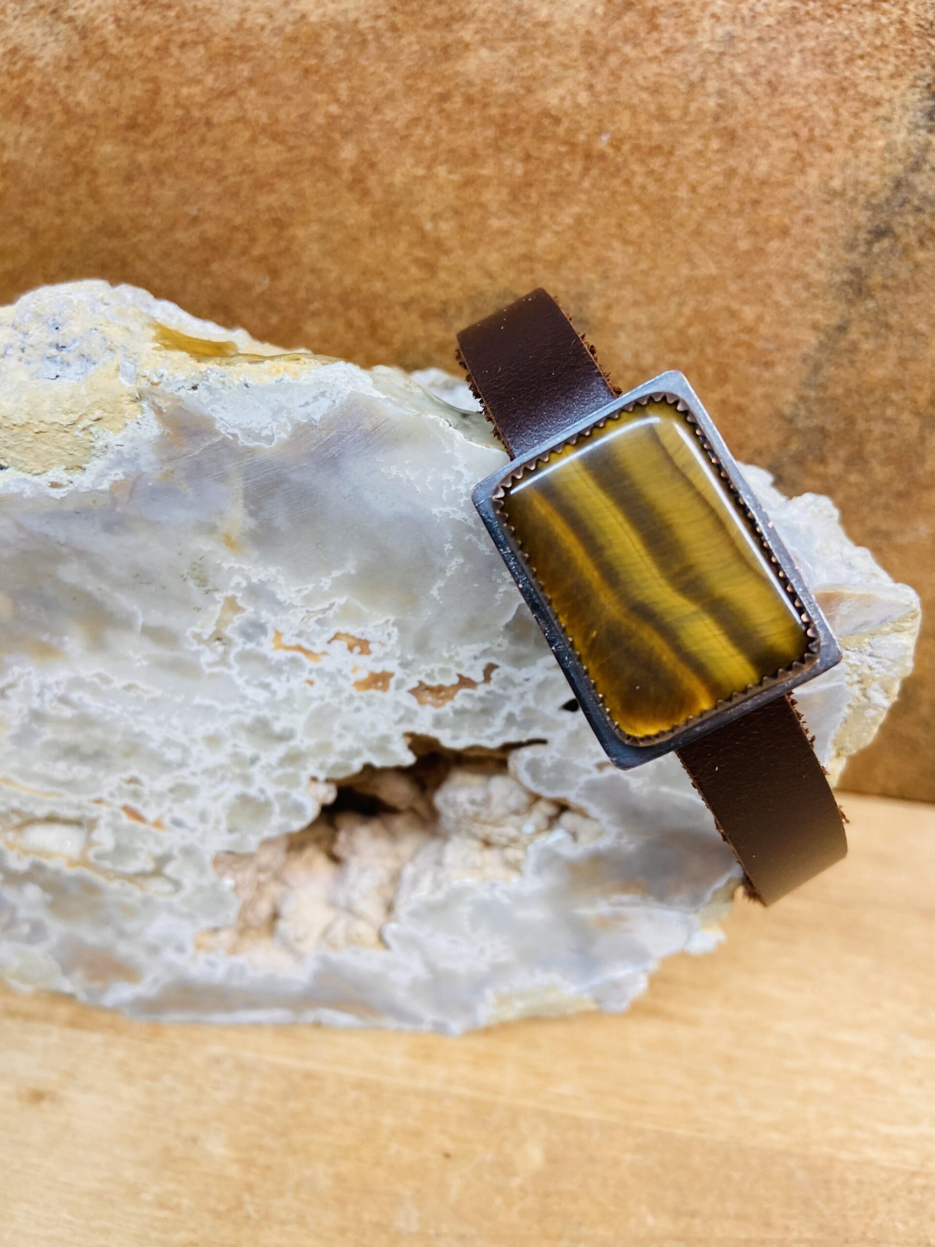 Tiger Eye Stone Bracelet with Leather Strap and Magnetic Clasp