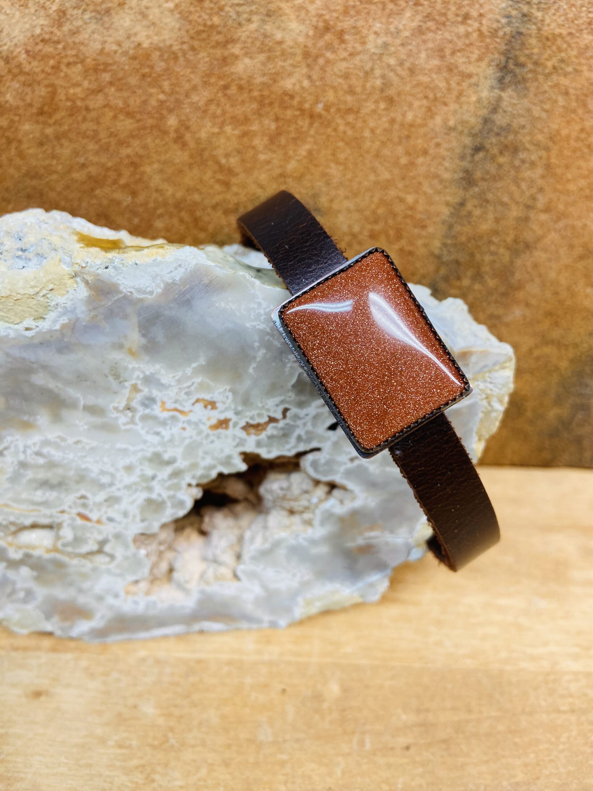 Goldstone Bracelet with Leather Strap and Magnetic Clasp