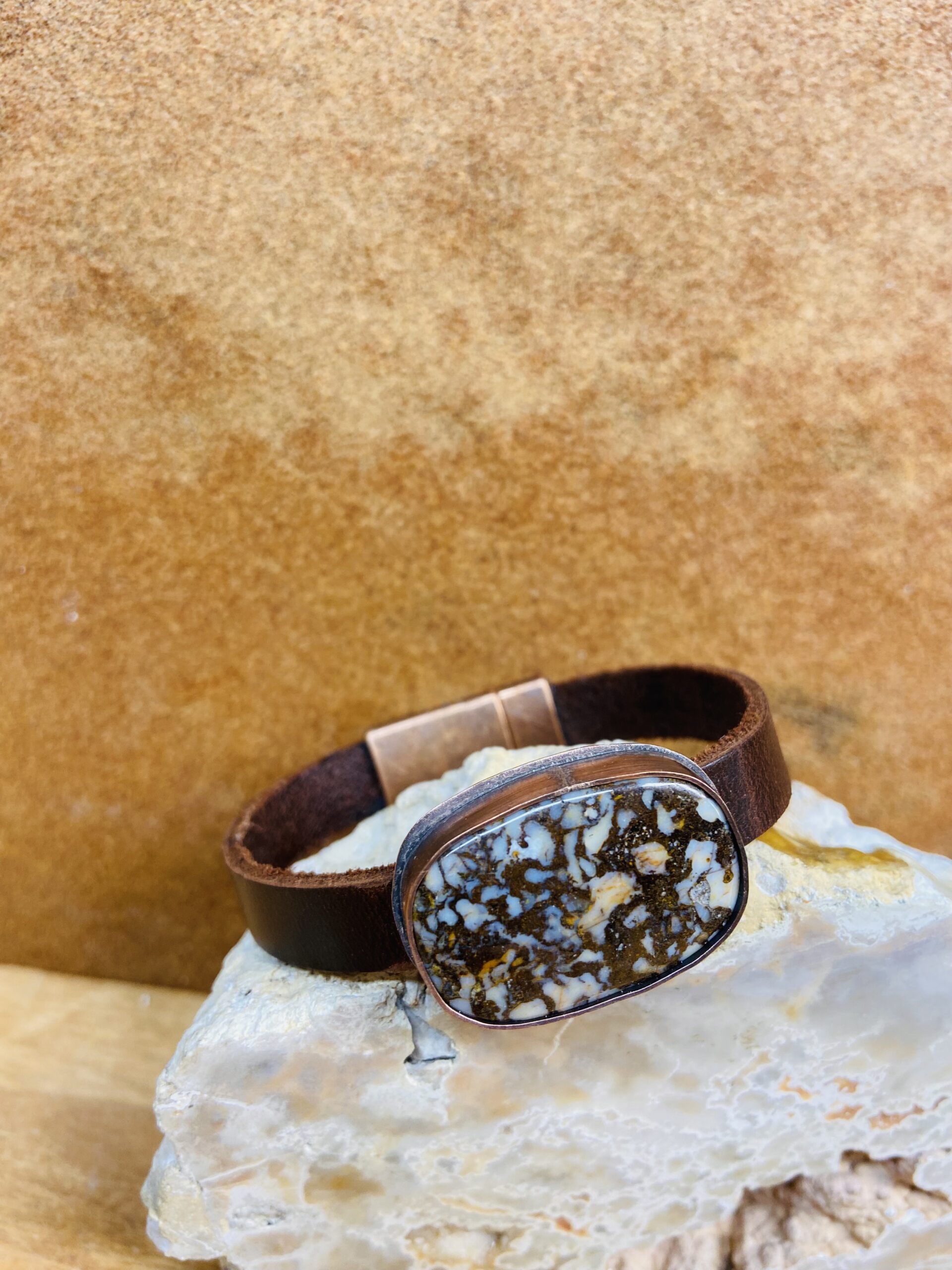 Montana Opal Stone Bracelet with Leather Strap and Copper Magnetic Clasp