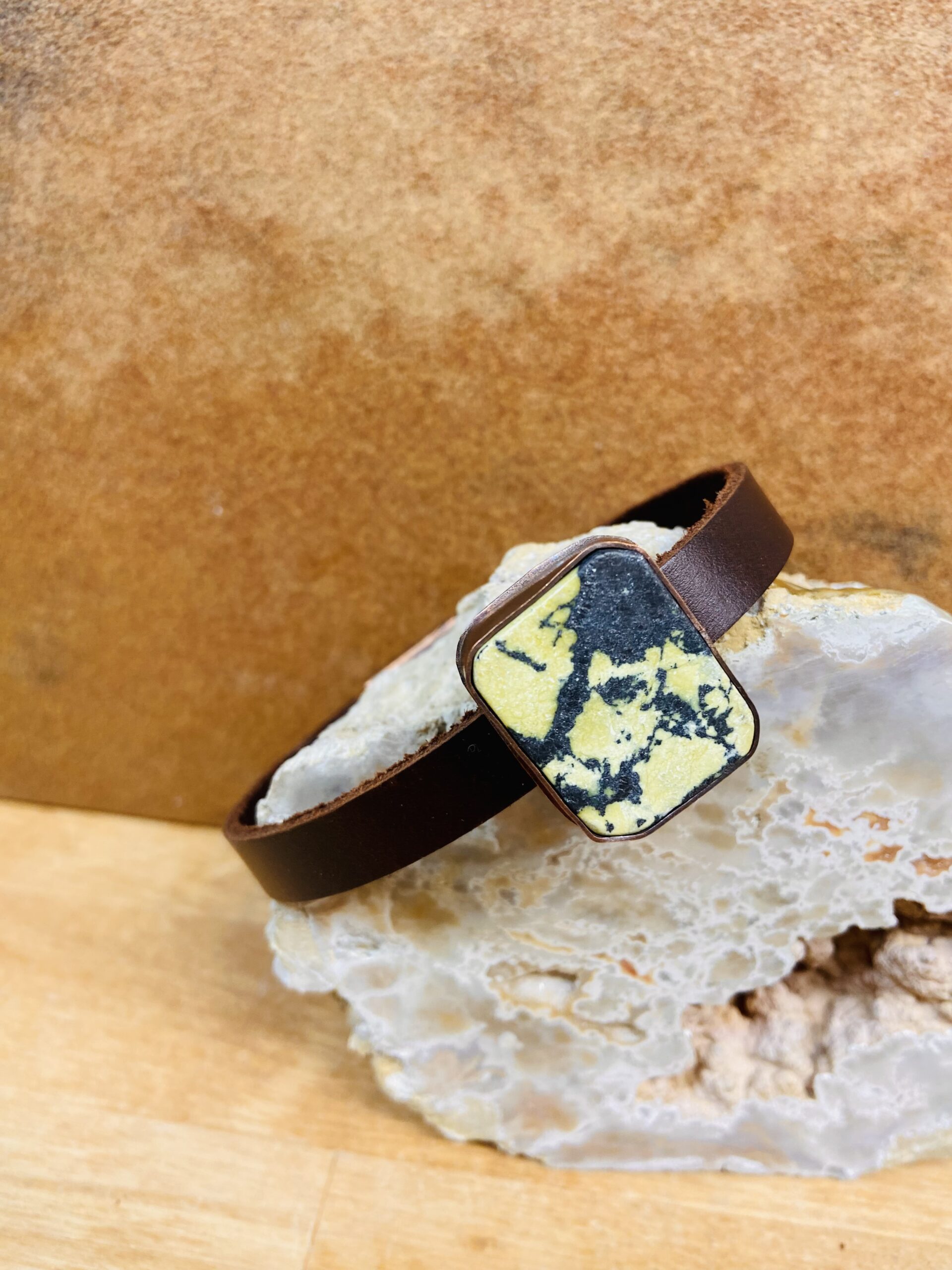 Matte Green and Black Howlite Stone and Leather Bracelet with Magnetic Clasp