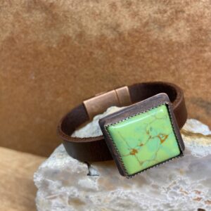 Leather Bracelet with Green Stone and Magnetic Clasp