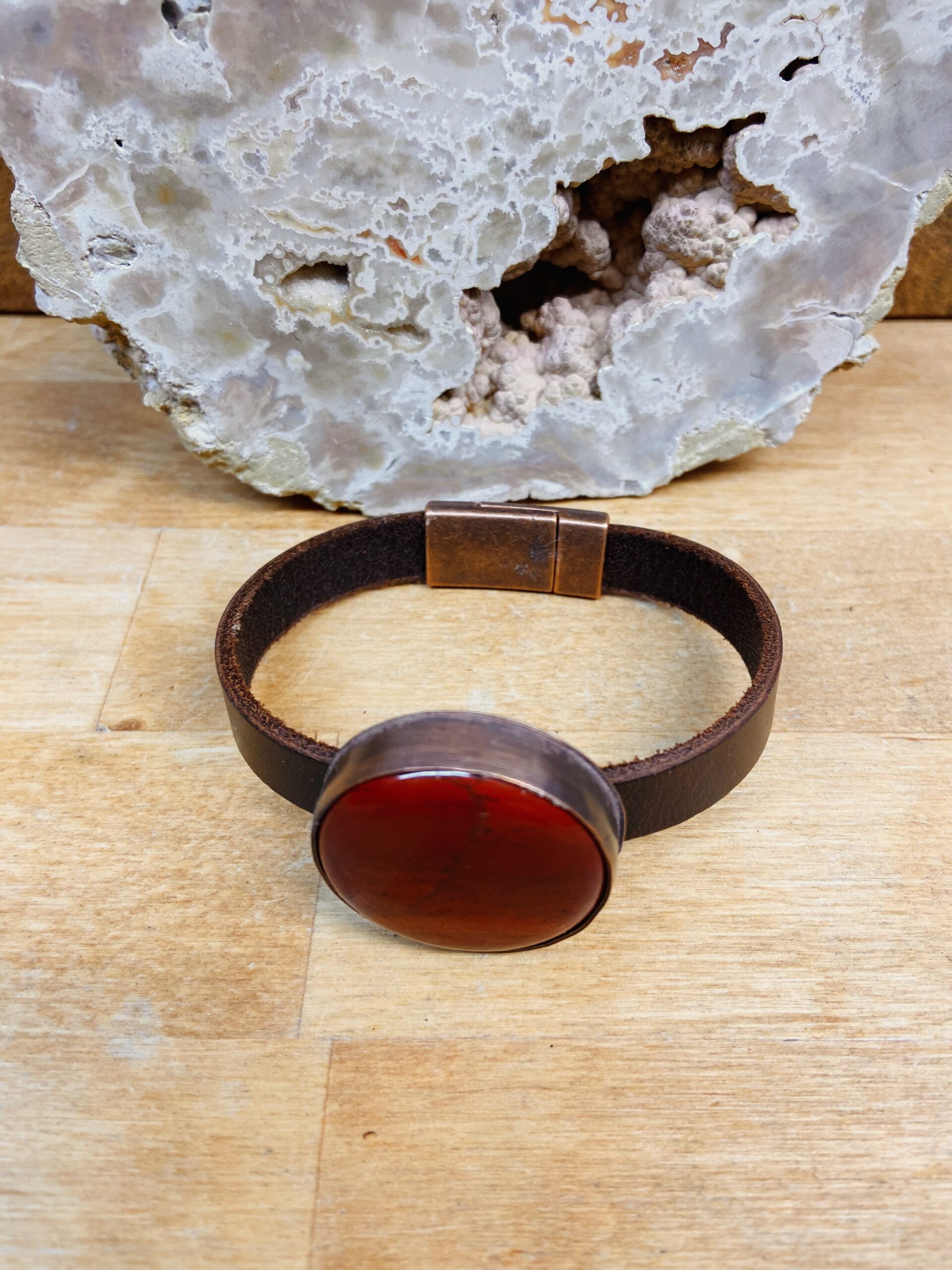 Red Jasper Bracelet on Leather with Copper Magnetic Clasp