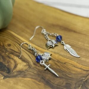 Silver Sword & Quill Earrings | Blue Beaded Bookish Dangle | Mismatched Fantasy Jewelry