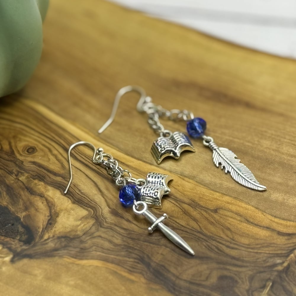 Silver Sword & Quill Earrings | Blue Beaded Bookish Dangle | Mismatched Fantasy Jewelry