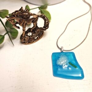 Abstract Bright Blue With White Flower Pendant Necklace: Unique Asymmetrical Textured Artisan Jewelry