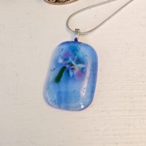 Translucent blue with blue, purple white flowy abstract flower, Artisan handmade unique jewelry
