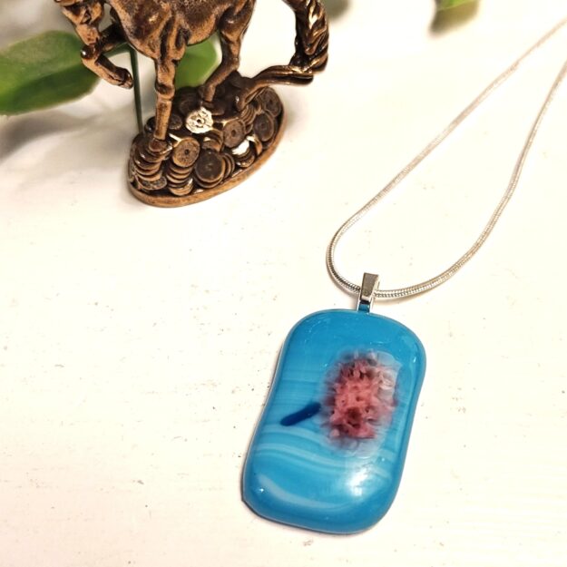 Handmade Sky Blue and Abstract Pink Flower Pendant Necklace, Unique artisan Jewelry