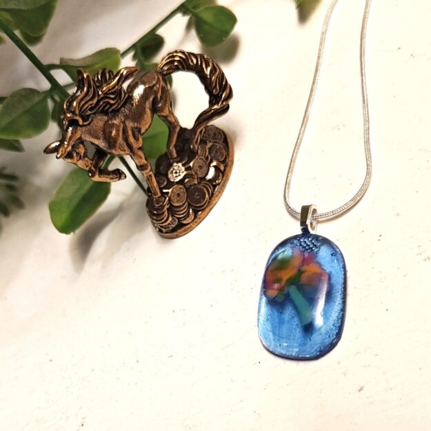 Blue with pink and orange abstract flower pendant necklace, artisan one of a kind handmade jewelry