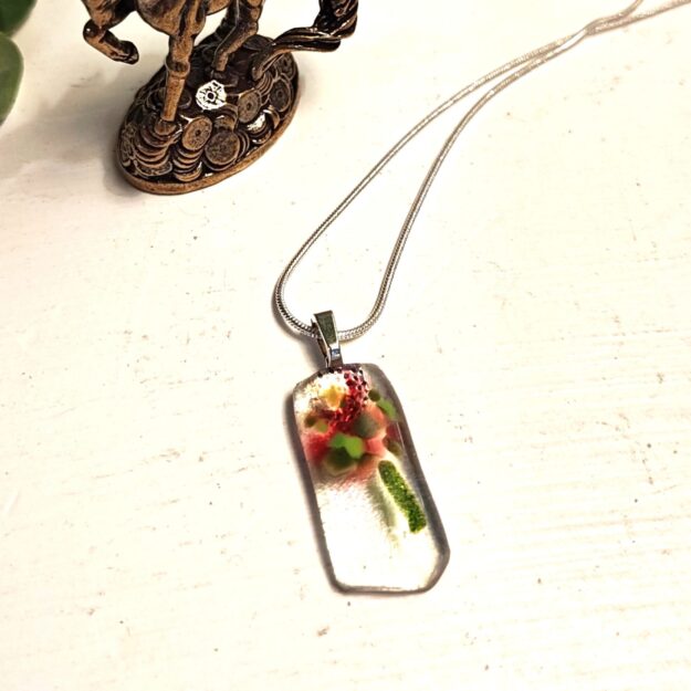 Chartreuse green and dark pink handmade abstract floral pendant necklace, One of a kind festival jewelry
