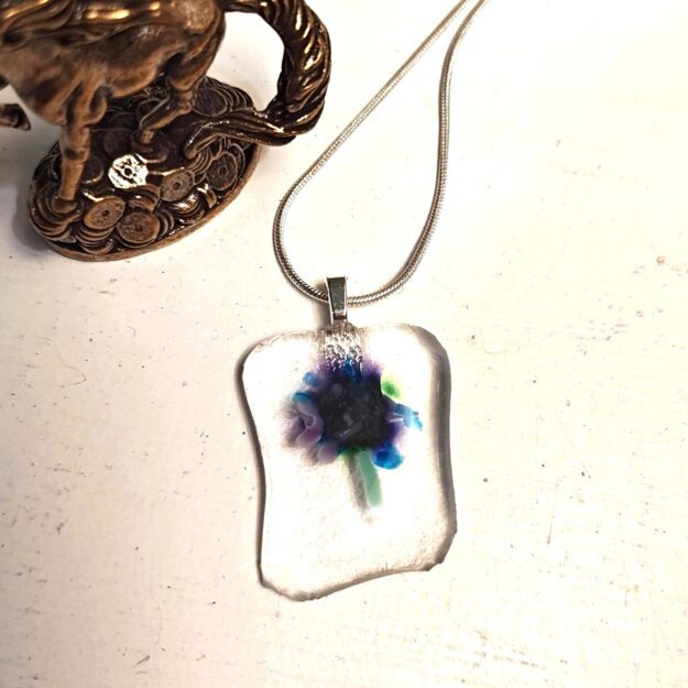 One of a kind purple and blue abstract flower pendant necklace, Handmade LaBohem artisan jewelry