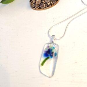 Abstract blue, purple and cream flower wearable art pendant necklace, One of a kind handmade jewelry