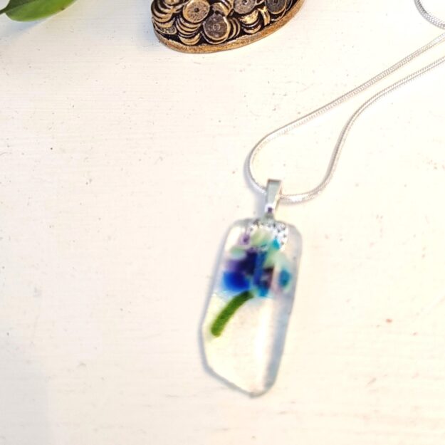 Abstract blue, purple and cream flower wearable art pendant necklace, One of a kind handmade jewelry