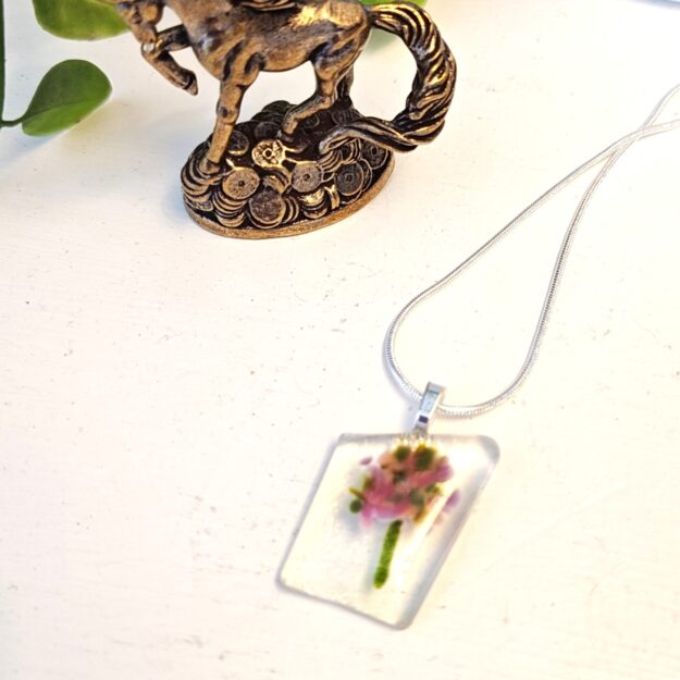 Clear Pink & Green Abstract Flower Pendant Necklace, One of a Kind Artisan Festival Jewelry