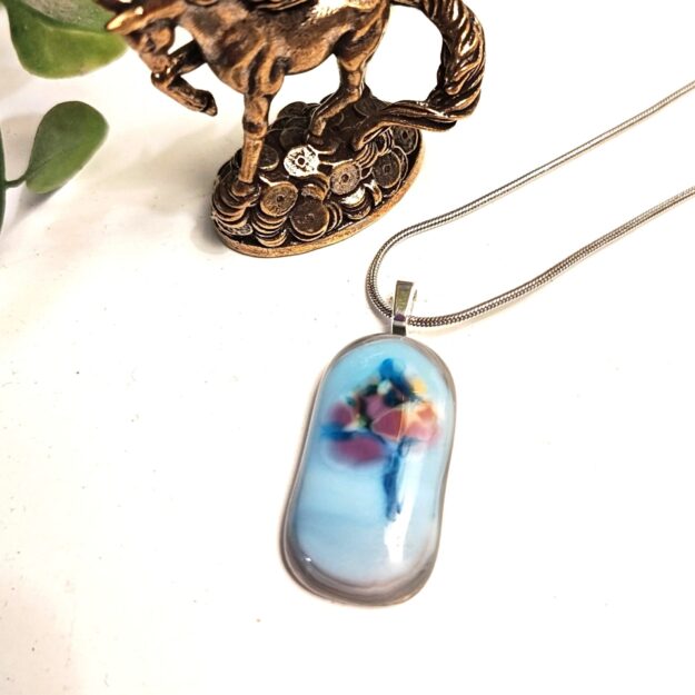 Purple with purple and blue colored abstract flower pendant necklace, Artisan handmade festival jewelry