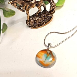 Southwest style one of a kind fused glass pendant necklace, Orange, turquoise and brown artisan handmade jewelry
