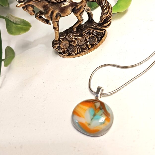 Southwest style one of a kind fused glass pendant necklace, Orange, turquoise and brown artisan handmade jewelry