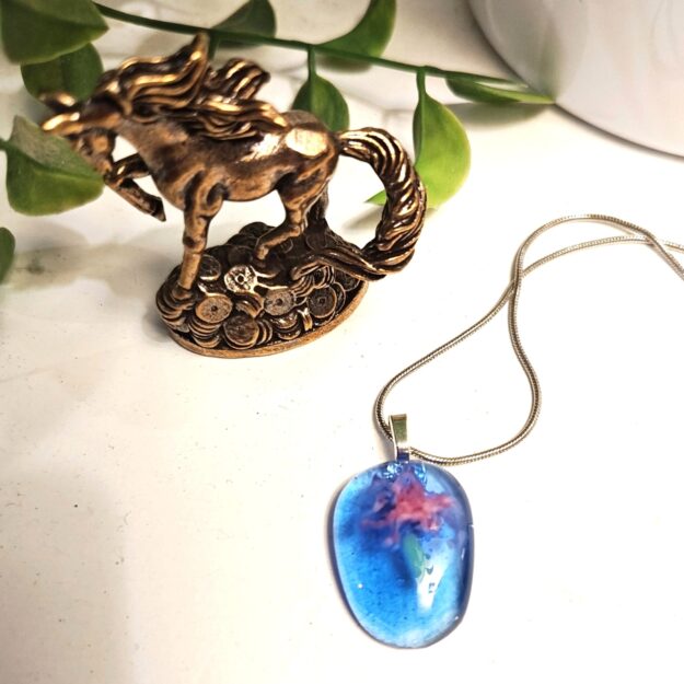 Blue with abstract pink flower pendant necklace, handmade one of a kind jewelry