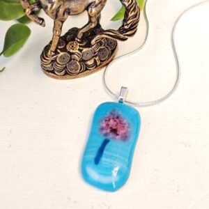 Sky blue, white with pink abstract flower artisan pendant necklace, One of a kind handmade jewelry