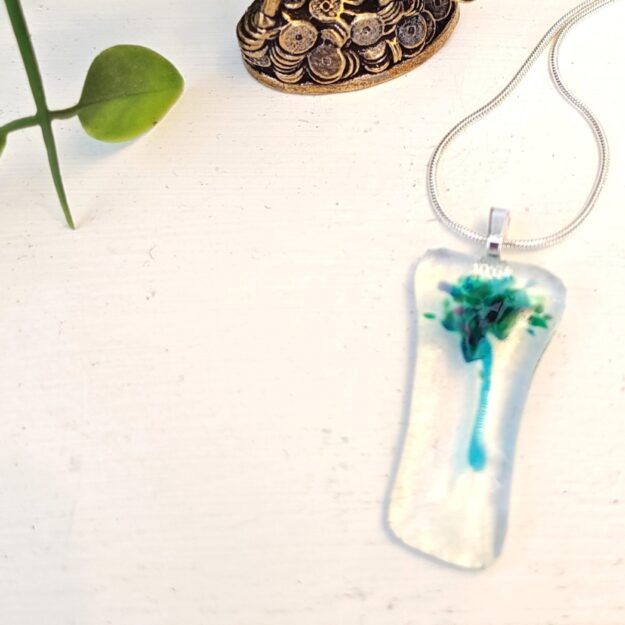 Iridescent asymmetrical green and blue pendant necklace, One of a kind abstract floral jewelry