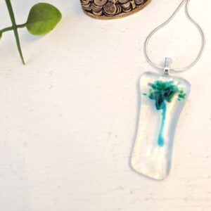 Iridescent asymmetrical green and blue pendant necklace, One of a kind abstract floral jewelry