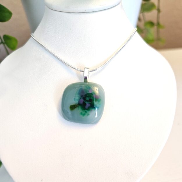 Green purple and blue abstract floral pendant necklace, Unique artisan handmade jewelry