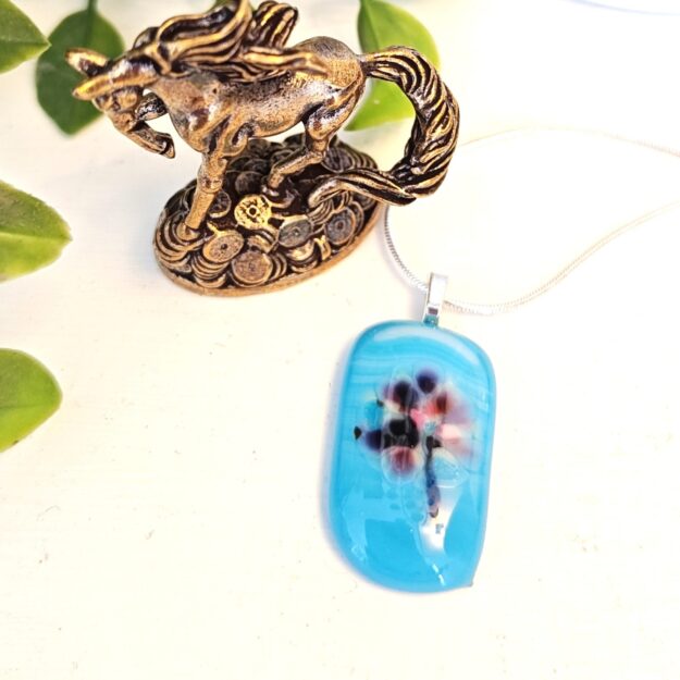 Sky blue white purple hand crafted pendant necklace, Artisan one of a kind flower jewelry