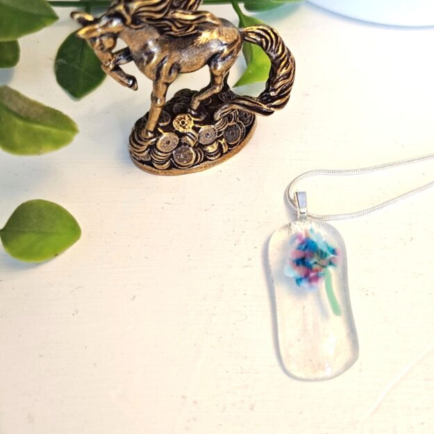 Clear with blue purple pink abstract flower pendant necklace, one of a kind handmade jewelry