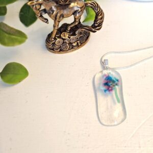 Clear with blue purple pink abstract flower pendant necklace, one of a kind handmade jewelry