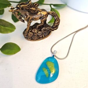 Asymmetrical bright blue and chartreuse green one of a kind pendant, Unique handmade jewelry