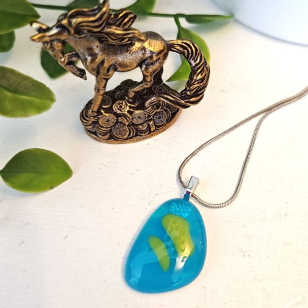 Asymmetrical bright blue and chartreuse green one of a kind pendant, Unique handmade jewelry