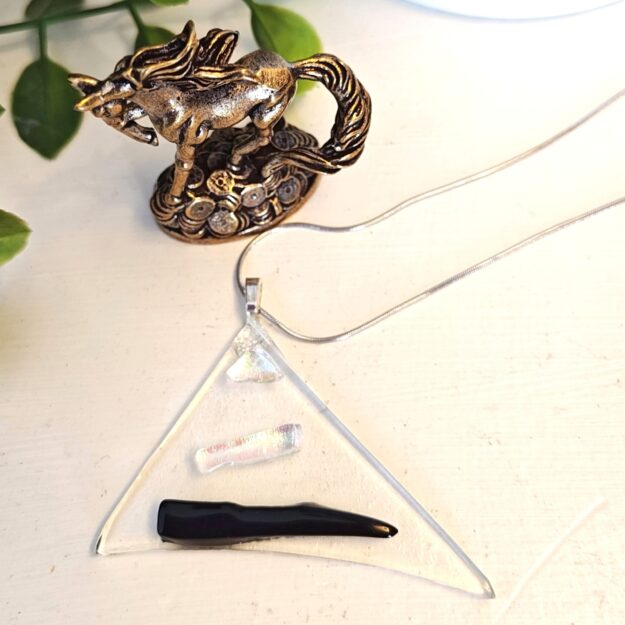 Abstract melting pyramid triangle with iridescent and black pendant necklace, one of a kind textured jewelry