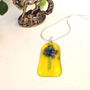 Flowy yellow with purple and green abstract flower pendant necklace, artisan one of a kind jewelry