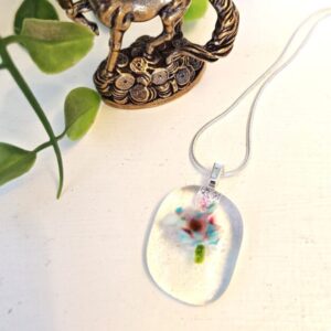 Casual clear with light blue purple and white abstract flower pendant necklace, One of a kind handmade jewelry