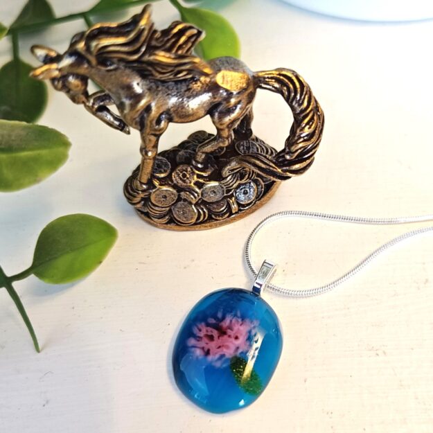 Translucent sea blue with pink abstract flower pendant necklace, one of a kind handmade jewelry