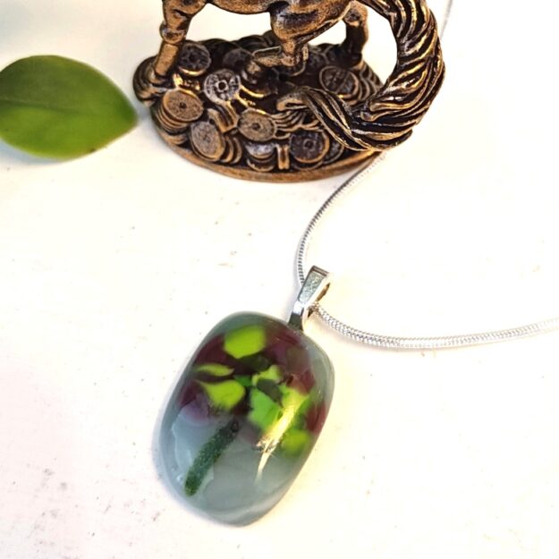 Unique Abstract Flower Pendant Necklace, Green Chartreuse and Burgundy Handmade Jewelry