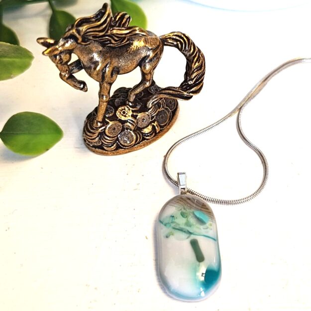 Teal white and grey artisan pendant necklace, Abstract one of a kind handmade jewelry